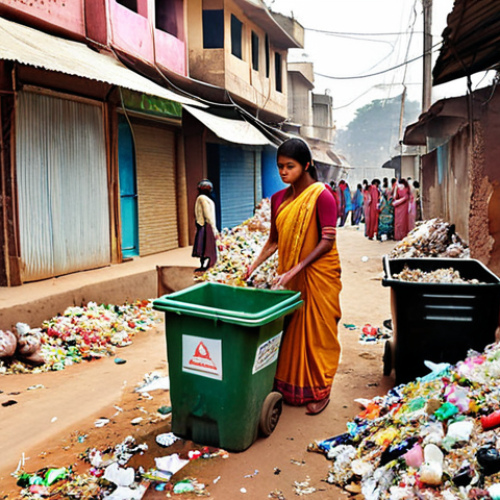 Home 11 **
A vibrant, colorful scene depicting community participation in waste management in an Indian city. Show people sorting waste into different bins (recyclables, compost, general waste). Include signage in Hindi promoting waste reduction and recycling. The overall atmosphere should be positive and hopeful, emphasizing the benefits of community involvement.
**