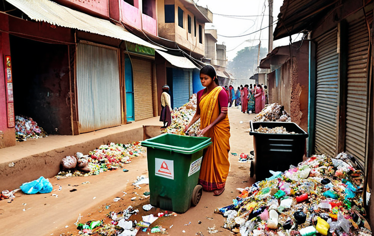 **
A vibrant, colorful scene depicting community participation in waste management in an Indian city. Show people sorting waste into different bins (recyclables, compost, general waste). Include signage in Hindi promoting waste reduction and recycling. The overall atmosphere should be positive and hopeful, emphasizing the benefits of community involvement.
**