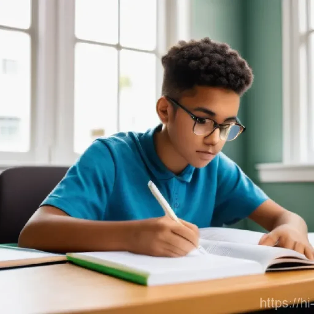 폐기물처리 시험 대비 스터디 팁 - A focused and determined young student, of ambiguous ethnicity, sits comfortably at a tidy desk, sur...