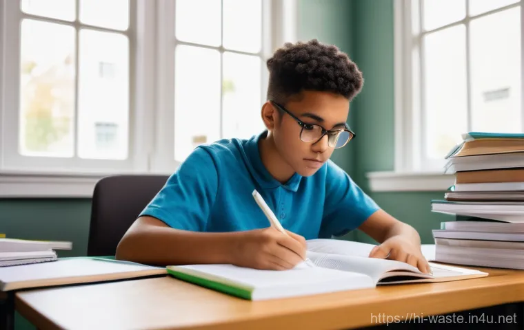 폐기물처리 시험 대비 스터디 팁 - A focused and determined young student, of ambiguous ethnicity, sits comfortably at a tidy desk, sur...