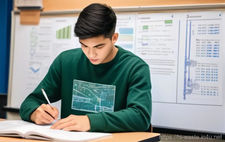 폐기물처리기사 필기시험 합격률 높이는 팁 - **Prompt:** A focused young adult, appearing to be in their early twenties, is diligently studying a...