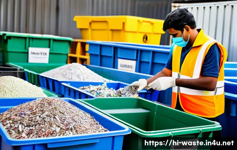 폐기물처리 관련 자격증 비교 - A professional Indian waste management technician wearing protective gloves, a high-visibility vest,...