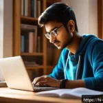 폐기물처리기사 시험 합격 후기 - A focused young Indian student studying at a desk in a bright, cozy room during early morning hours,...