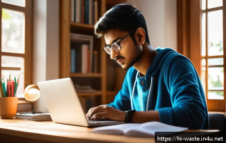 폐기물처리기사 시험 합격 후기 - A focused young Indian student studying at a desk in a bright, cozy room during early morning hours,...