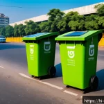 폐기물처리 관련 산업의 주요 트렌드 - A vibrant smart city street scene in India featuring IoT-enabled waste bins equipped with glowing sm...
