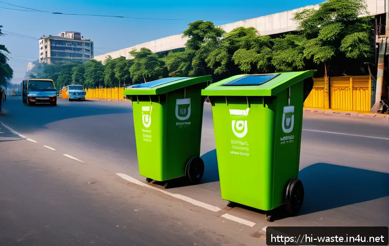 폐기물처리 관련 산업의 주요 트렌드 - A vibrant smart city street scene in India featuring IoT-enabled waste bins equipped with glowing sm...