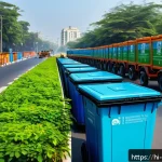 폐기물처리와 재활용 기술 트렌드 - A vibrant urban smart city scene in India featuring IoT-enabled smart waste containers on bustling s...