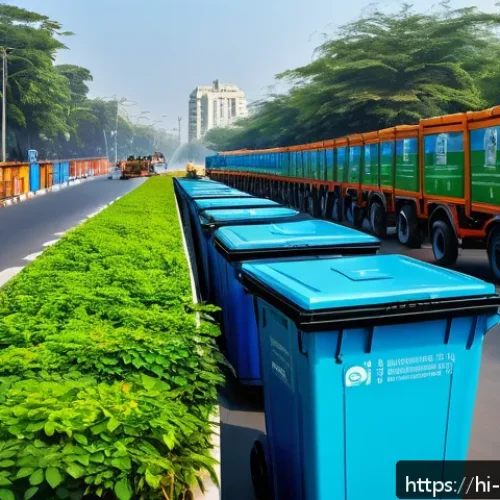 폐기물처리와 재활용 기술 트렌드 - A vibrant urban smart city scene in India featuring IoT-enabled smart waste containers on bustling s...