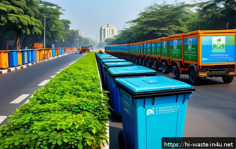 폐기물처리와 재활용 기술 트렌드 - A vibrant urban smart city scene in India featuring IoT-enabled smart waste containers on bustling s...