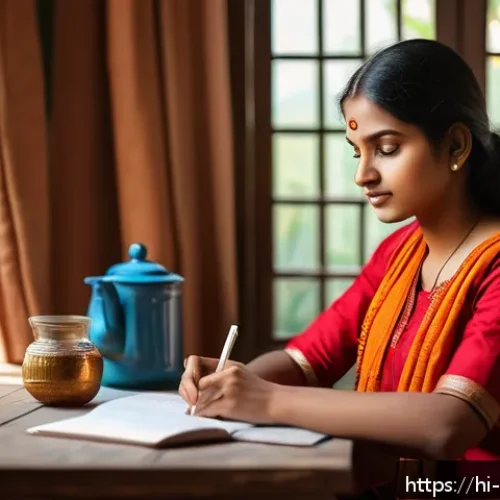 폐기물처리 기사 자격증 시험 후 일상 - A young Indian woman sitting at a wooden desk in a cozy home study room, focused on revising her not...
