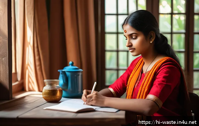 폐기물처리 기사 자격증 시험 후 일상 - A young Indian woman sitting at a wooden desk in a cozy home study room, focused on revising her not...